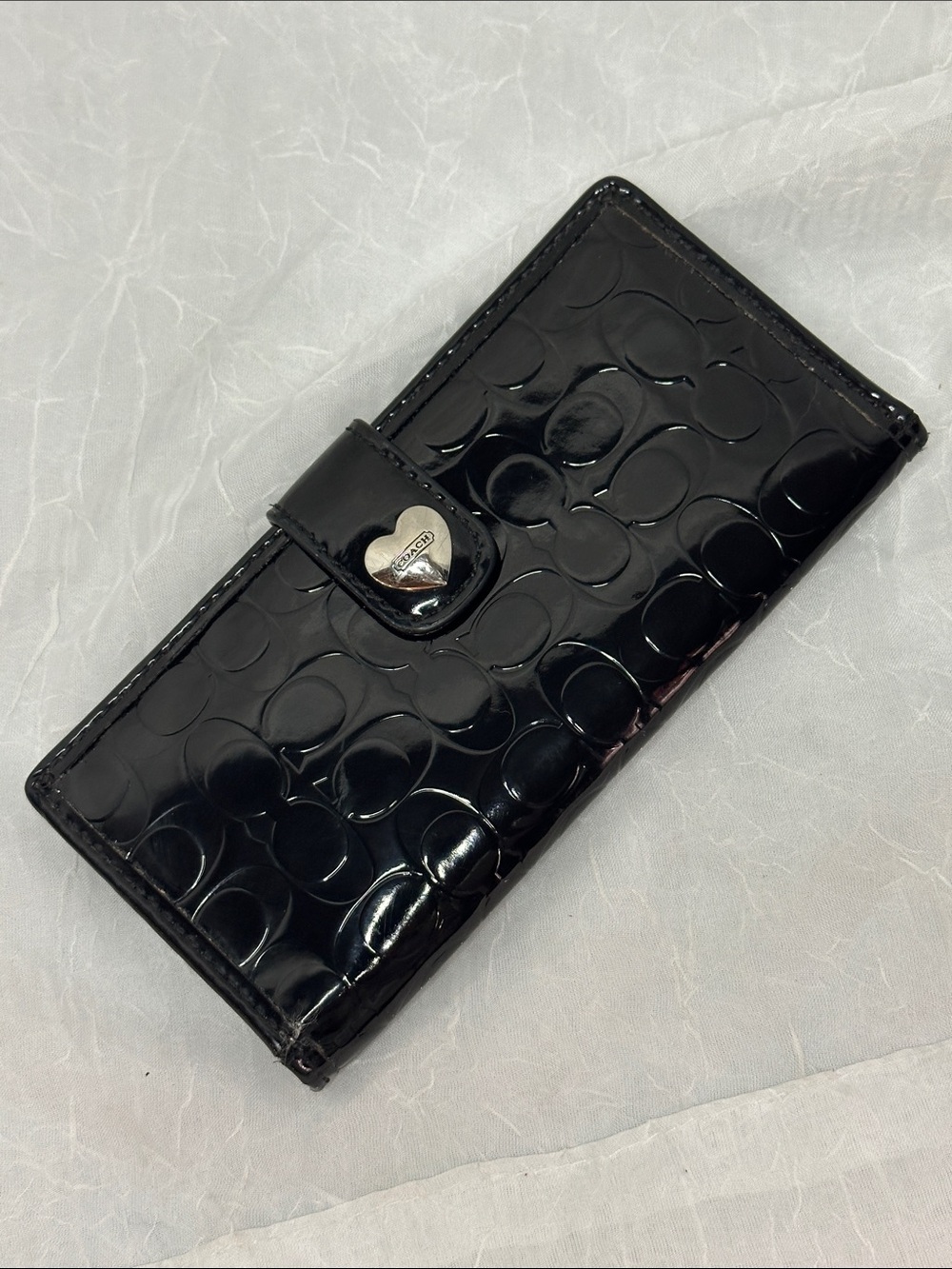 Coach Black Patent Signature Long Wallet with Heart Snap